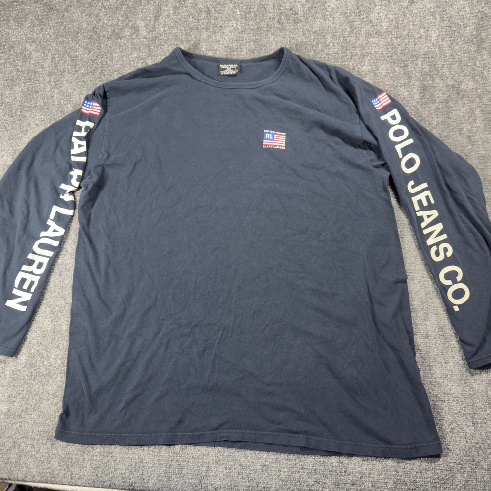 Polo Jeans Co Ralph Lauren Mens Long Sleeve T Shirt Graphic Flag Logo Navy L